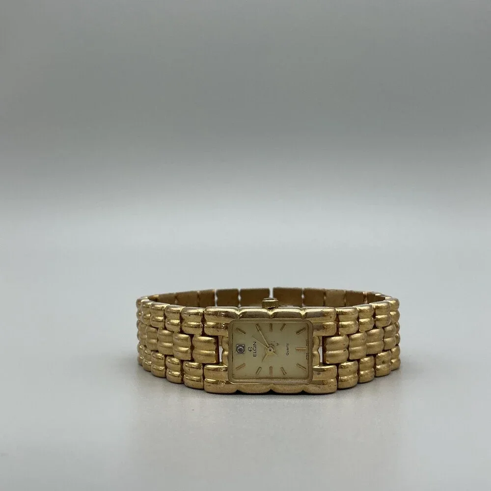 Vintage Elgin EM5253-017 Womens Watch 17mm Gold Tone Bracelet New Battery 7.25